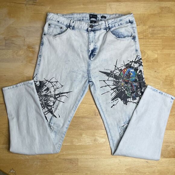 Waimea Jeans Skinny Fit Graffiti Skull‎ Stretch Acid Wash Men's 40x32 Distressed - Picture 1 of 10